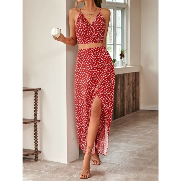 ❗️2 piece skirt set: boho Floral Print Cami Top & Split Thigh maxi Skirt - Picture 3 of 8